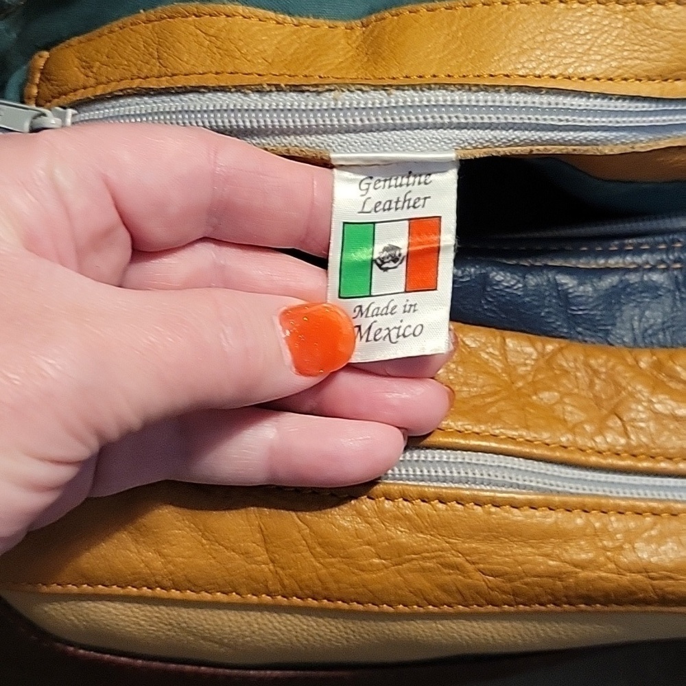 True Vintage 1970s Mexican Leather Colorblock Patchwork Hobo Shoulder Bag - Picture 10 of 12